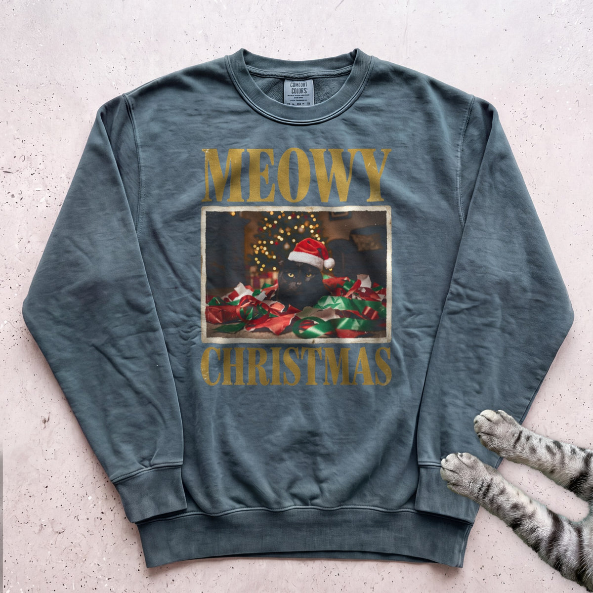 Meowy Christmas Wrapping Paper Cat Sweatshirt - Blue Spruce