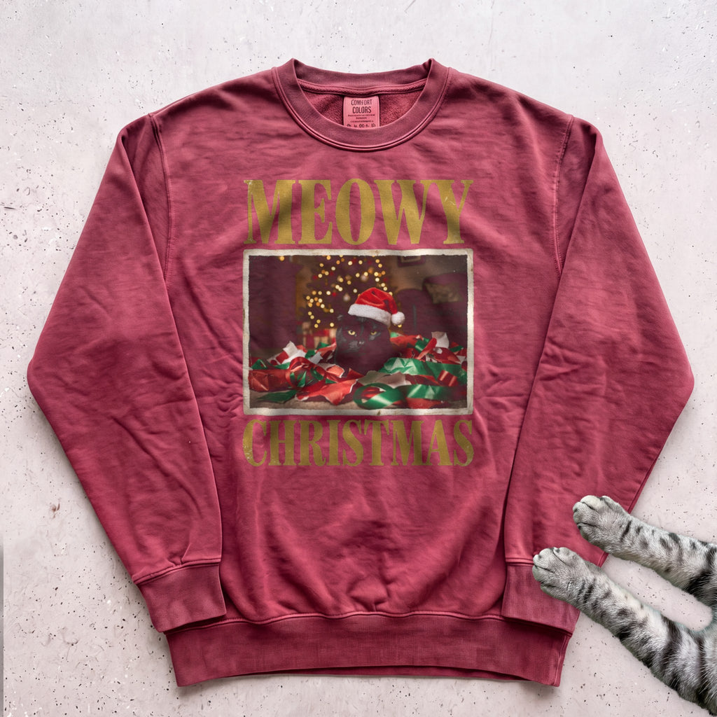 Meowy Christmas Wrapping Paper Cat Sweatshirt - Crimson