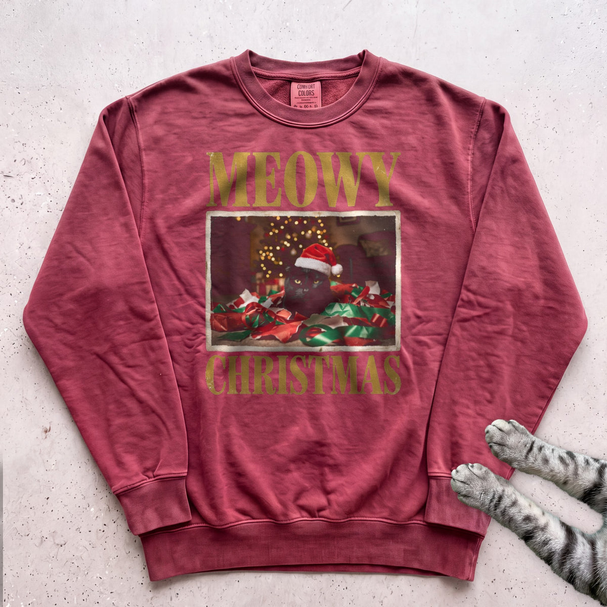 Meowy Christmas Wrapping Paper Cat Sweatshirt - Crimson