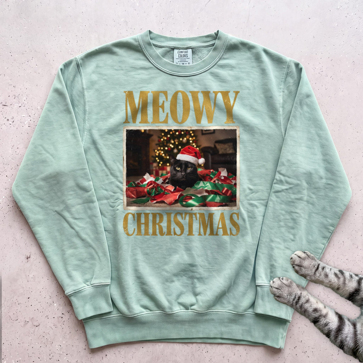 Meowy Christmas Wrapping Paper Cat Sweatshirt - Light Green