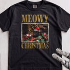 Meowy Christmas Wrapping Paper Cat T-Shirt - Black