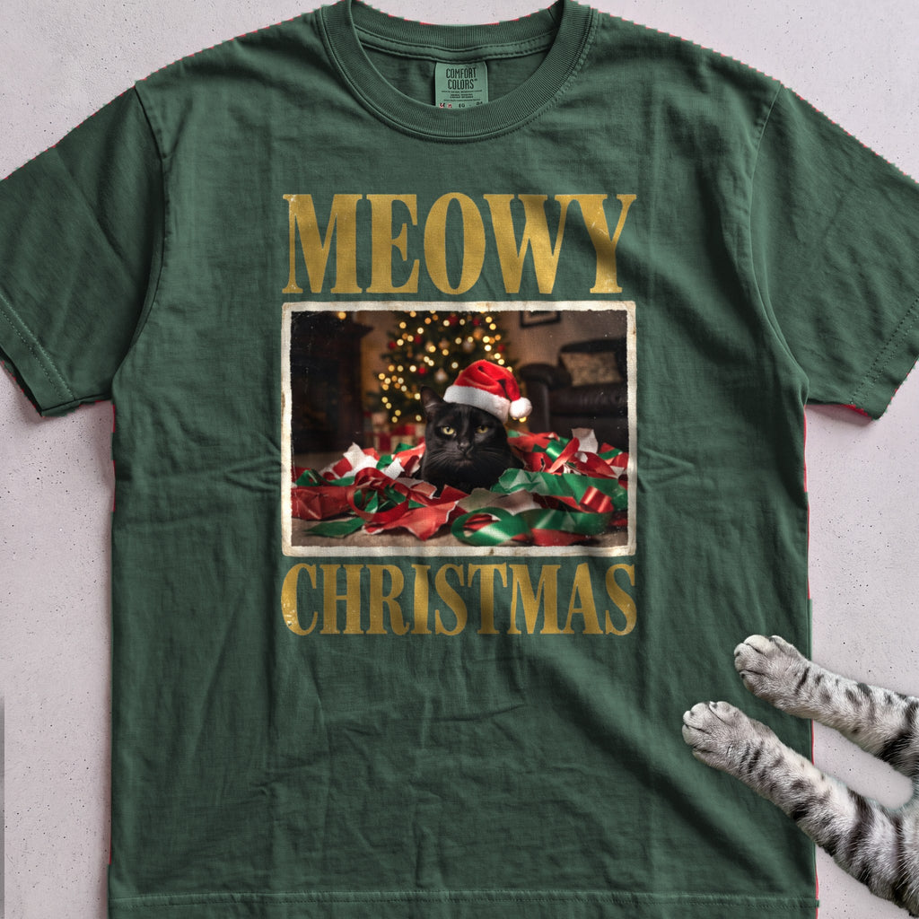 Meowy Christmas Wrapping Paper Cat T-Shirt - Blue Spruce