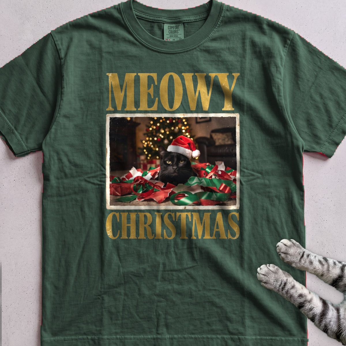 Meowy Christmas Wrapping Paper Cat T-Shirt - Blue Spruce