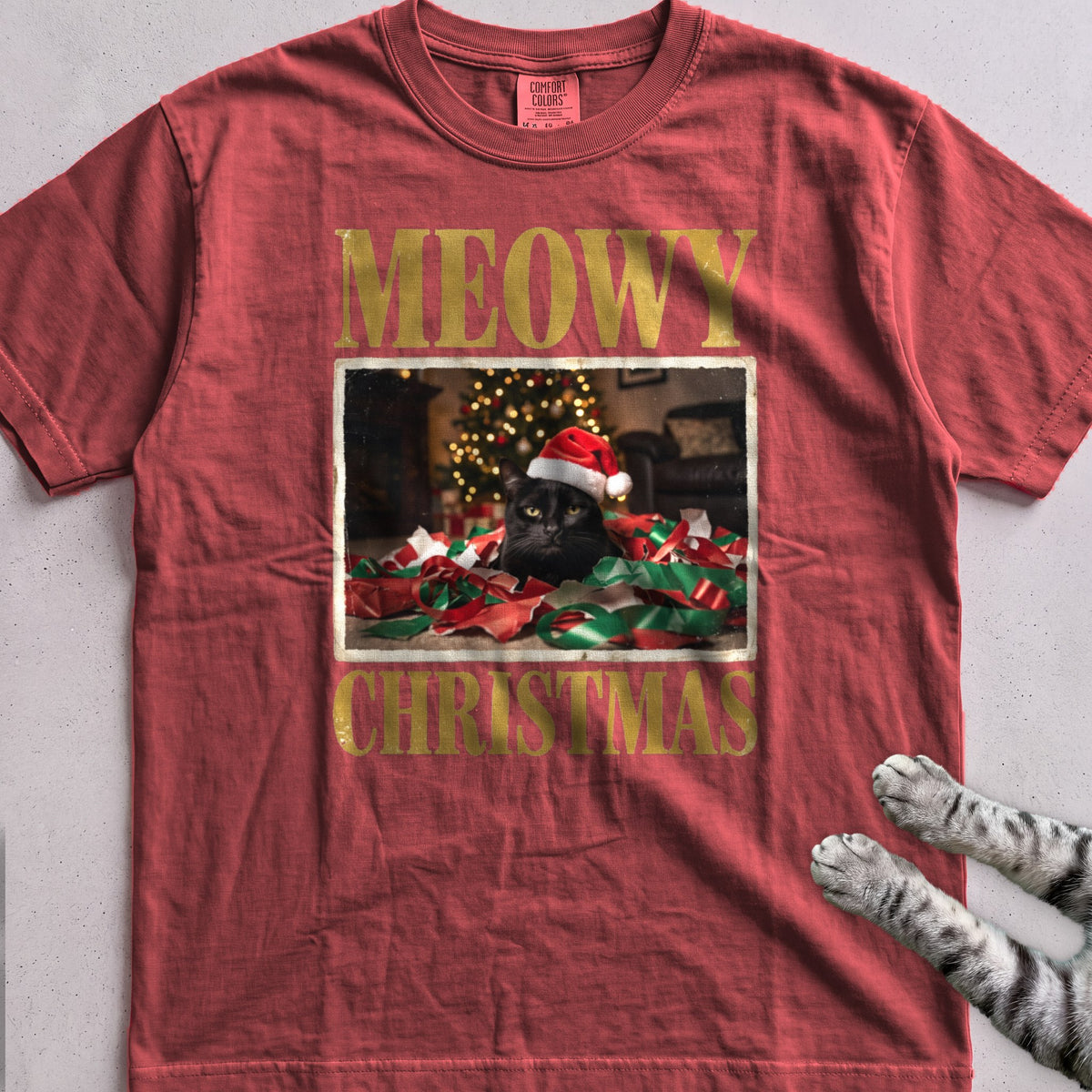 Meowy Christmas Wrapping Paper Cat T-Shirt - Crimson