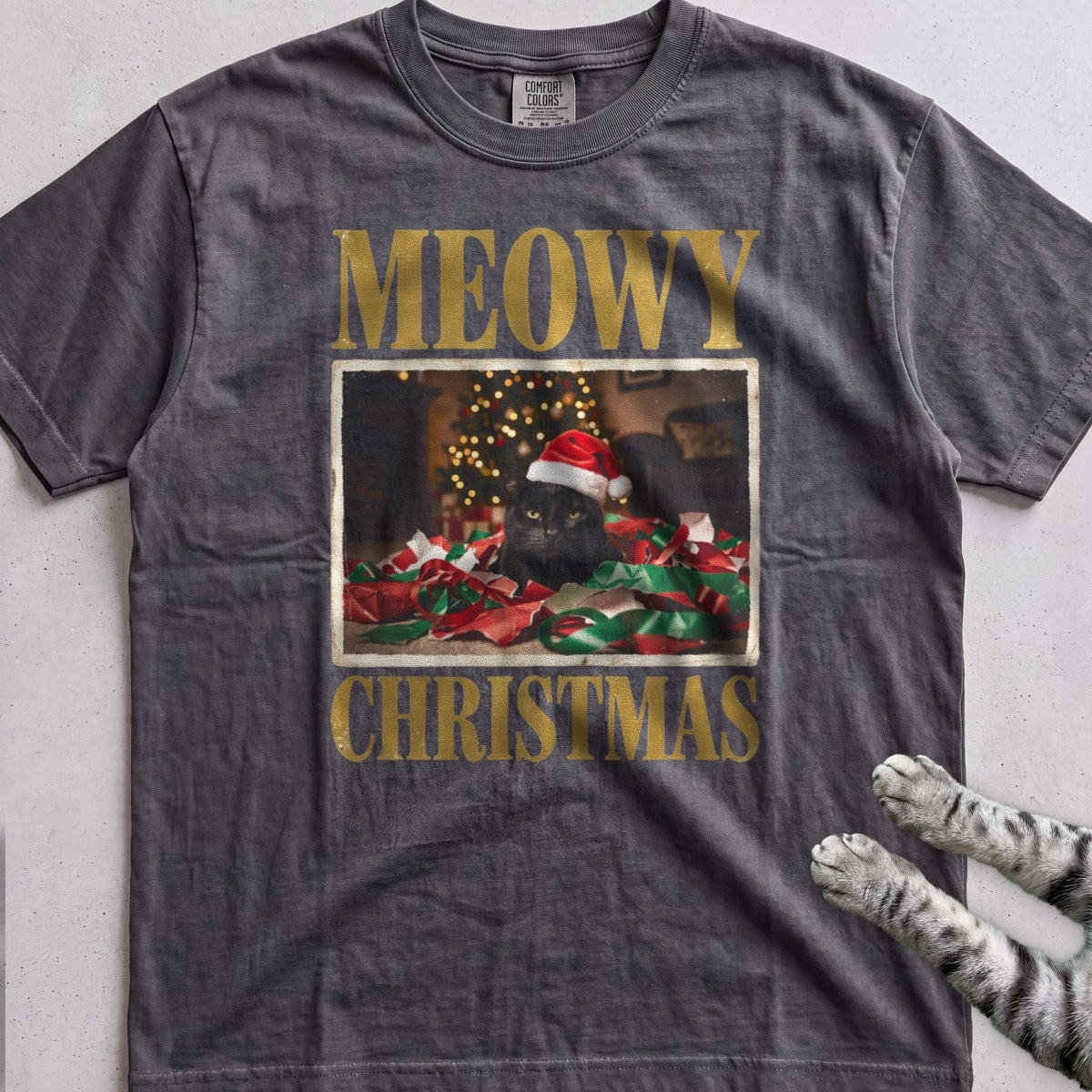 Meowy Christmas Wrapping Paper Cat T-Shirt - Pepper