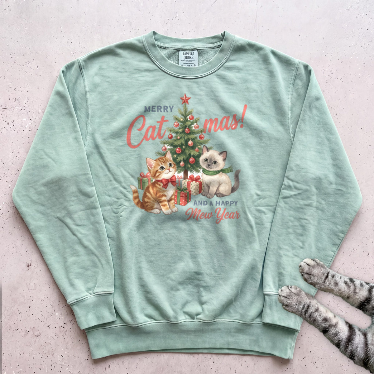 Merry Catmas & a Happy Mew Year Cat Sweatshirt - Light Green