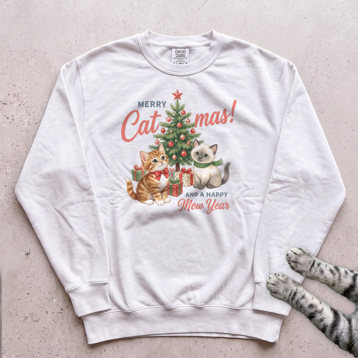 Merry Catmas & a Happy Mew Year Cat Sweatshirt - White