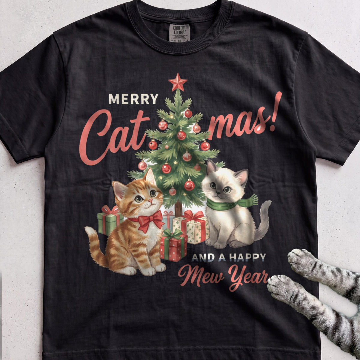 Merry Catmas & a Happy Mew Year Cat T-Shirt - Black