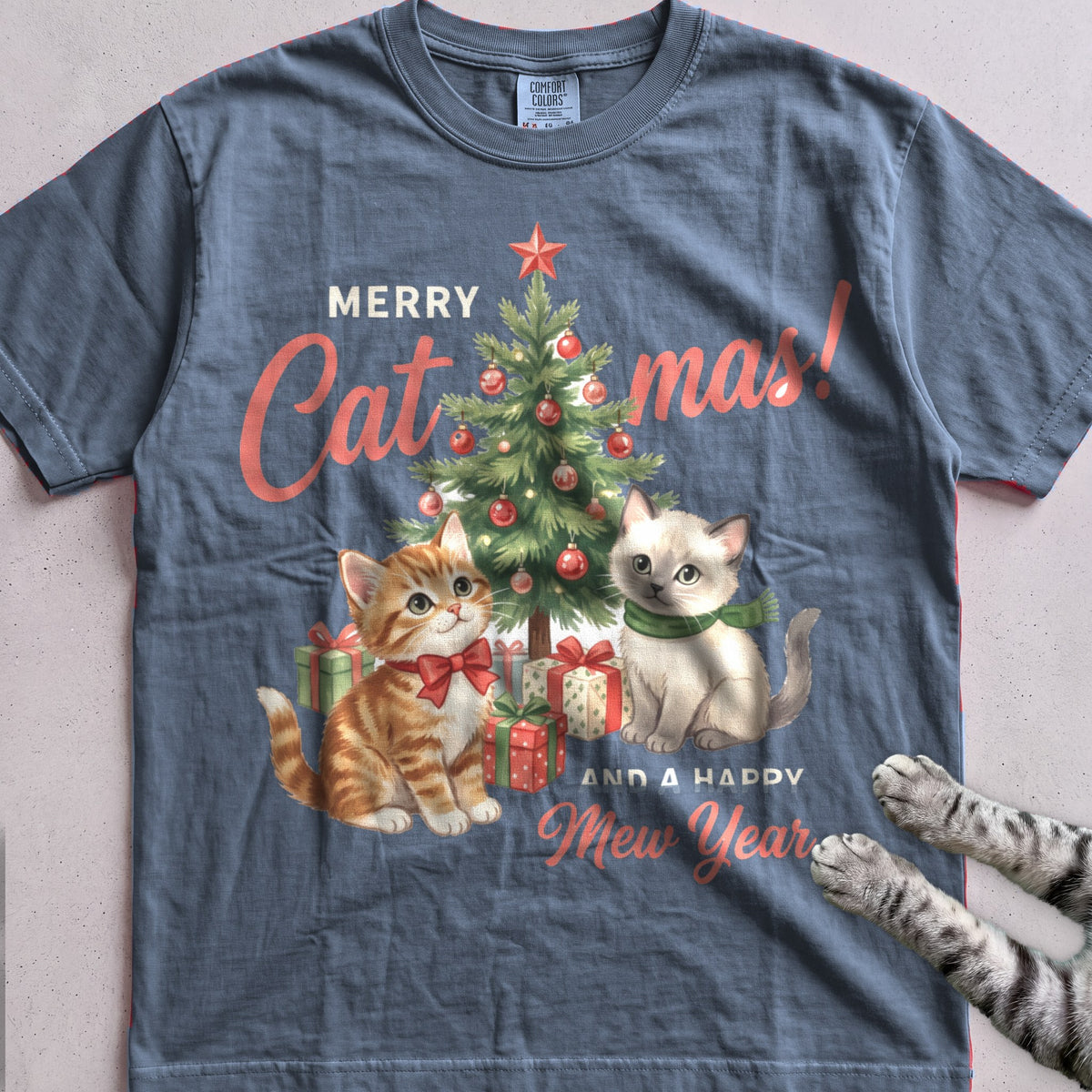 Merry Catmas & a Happy Mew Year Cat T-Shirt - Blue Jean