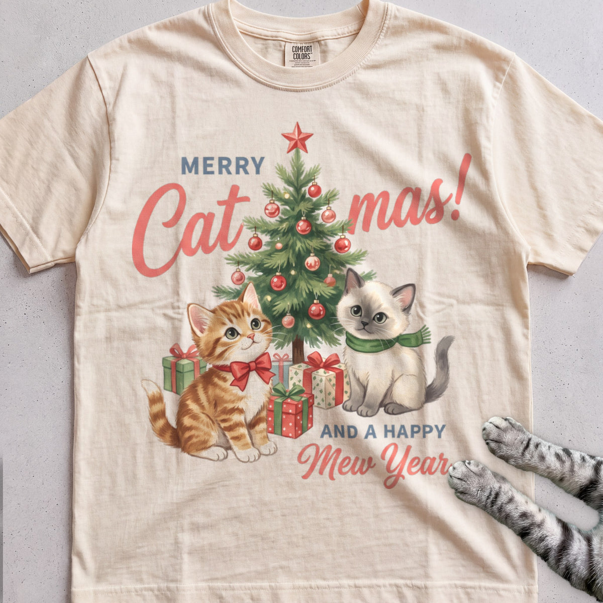 Merry Catmas & a Happy Mew Year Cat T-Shirt - Ivory