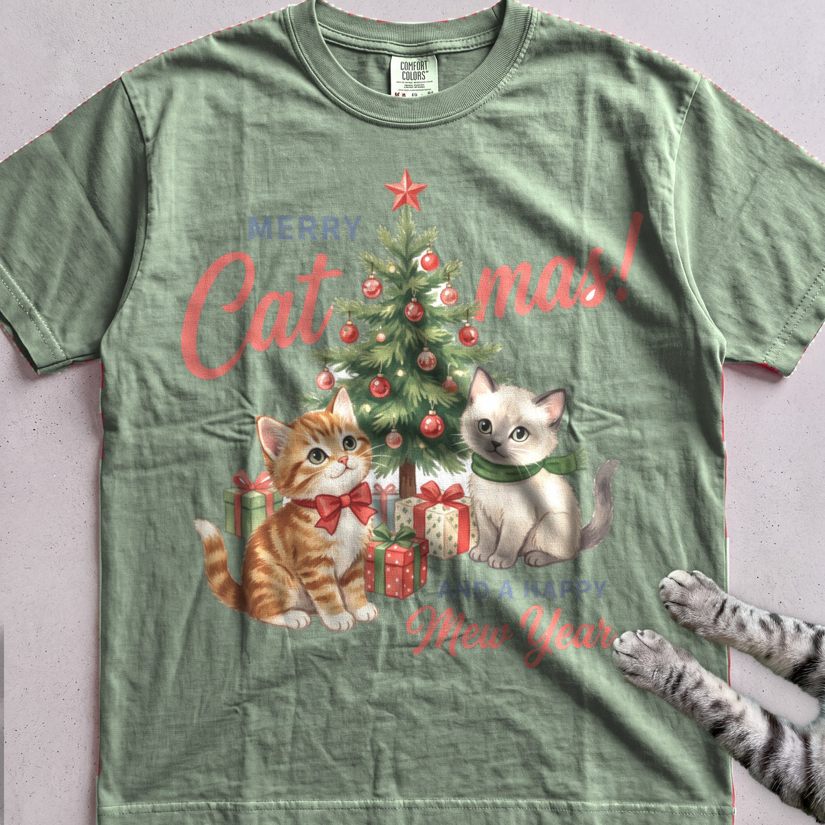 Merry Catmas & a Happy Mew Year Cat T-Shirt - Light Green