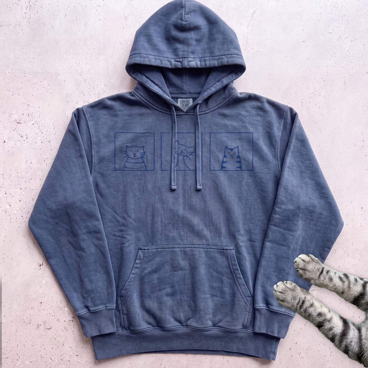 Minimal Cute Kitty Blocks Hoodie - Denim