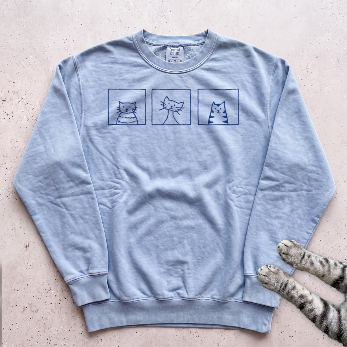 Minimal Cute Kitty Blocks Sweatshirt - Chambray