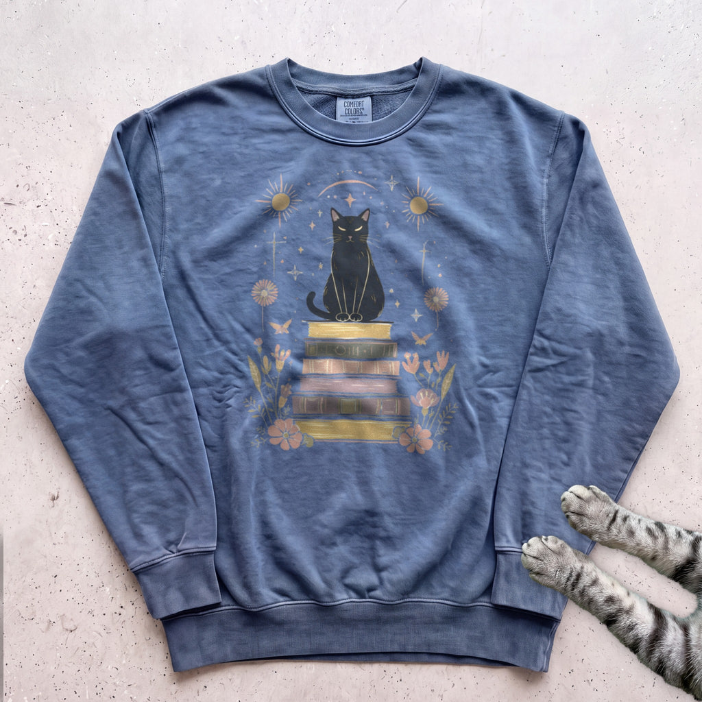 Mystic Cat on Books Sweatshirt - Blue Jean
