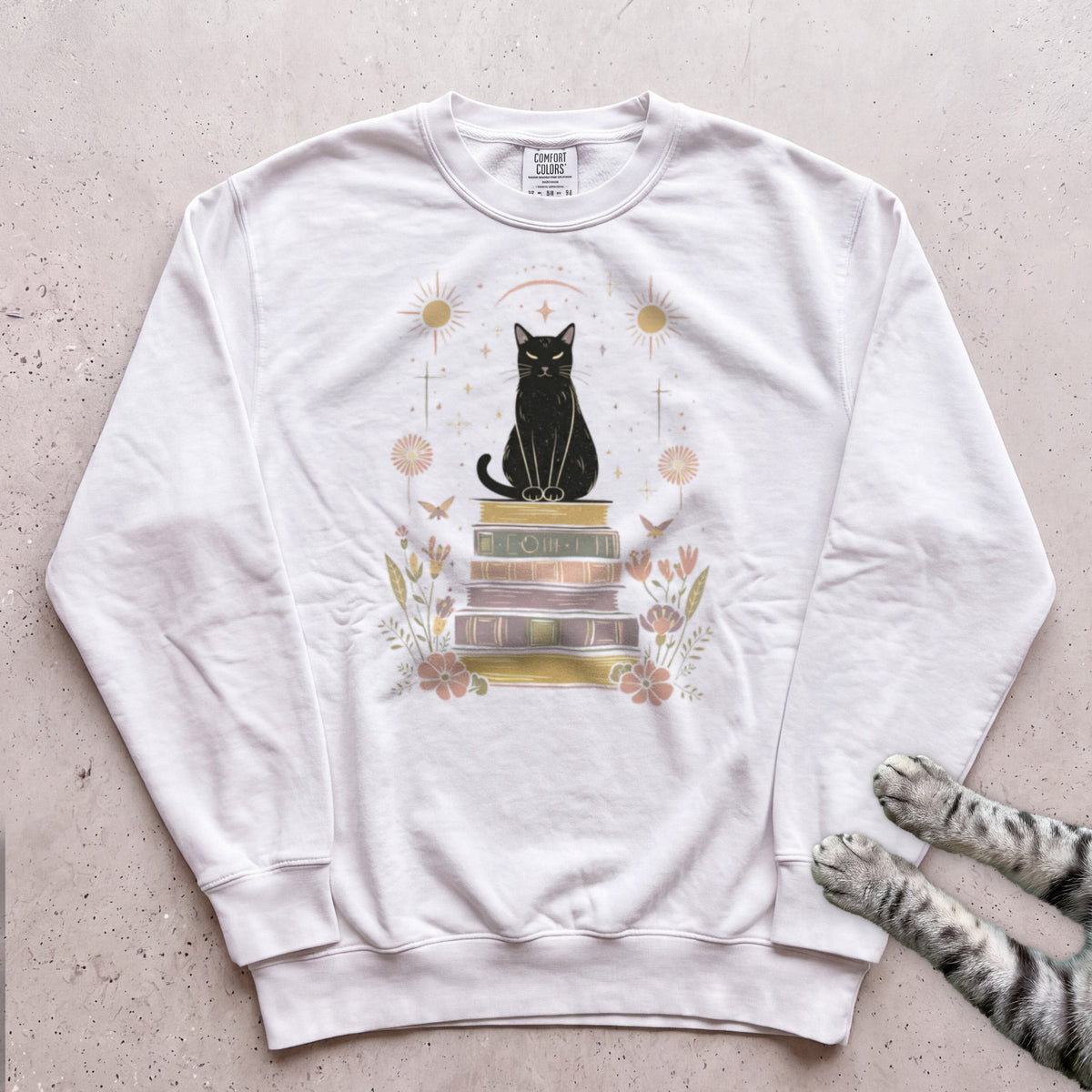 Mystic Cat on Books Sweatshirt - White
