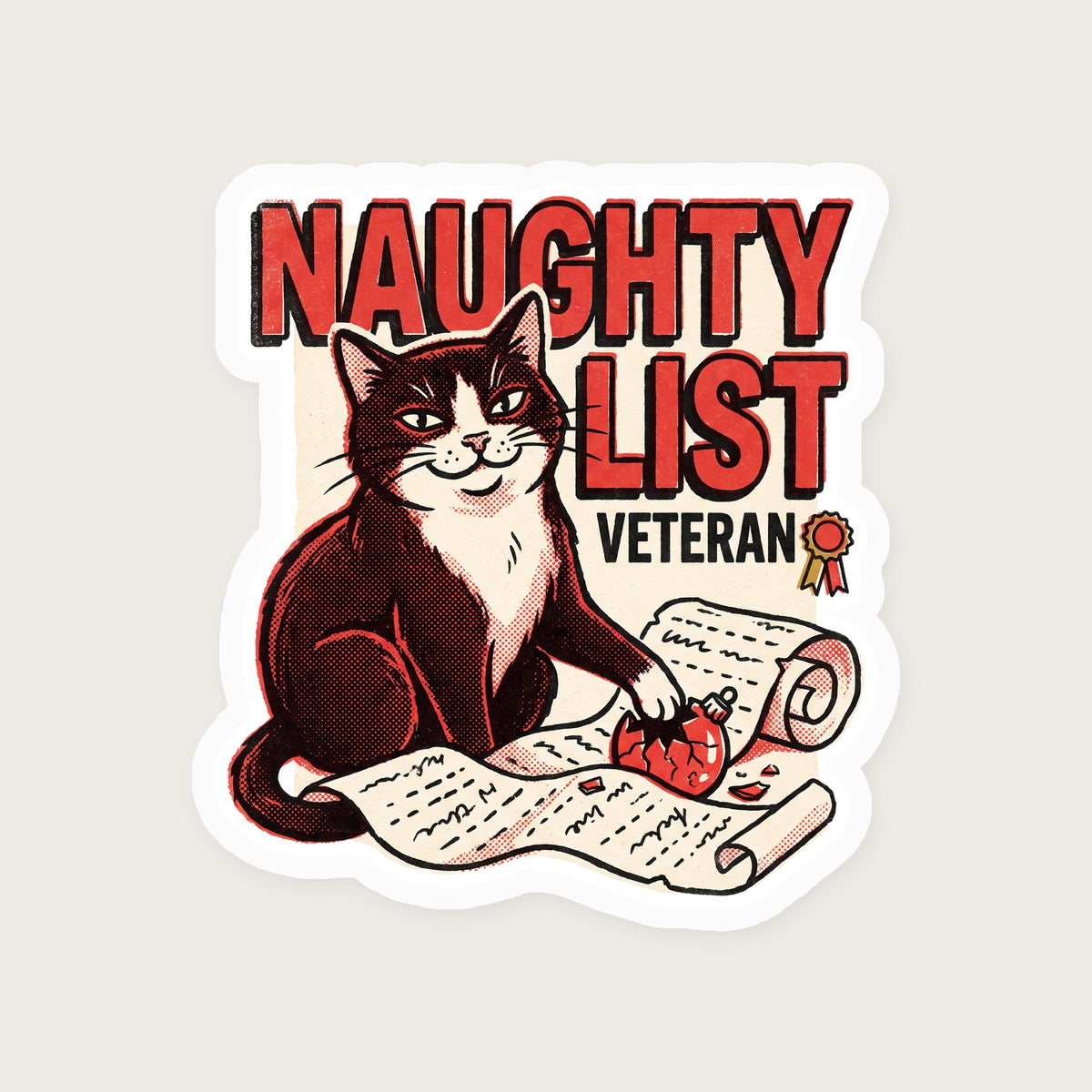 Naughty List Veteran Cat Sticker print detail