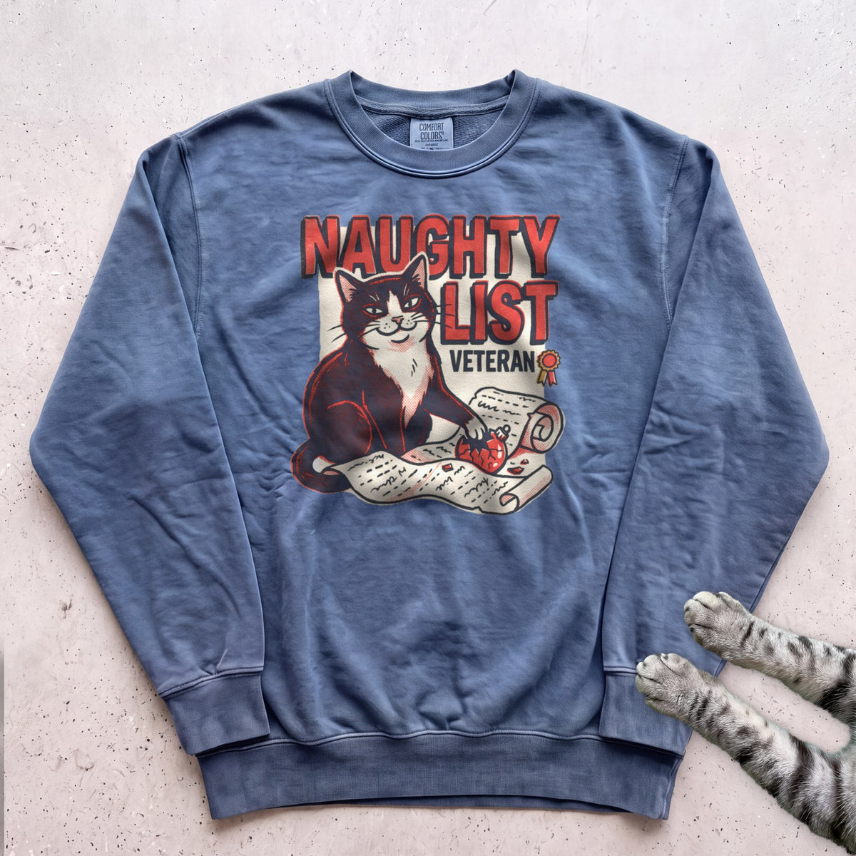 Naughty List Veteran Cat Sweatshirt - Blue Jean
