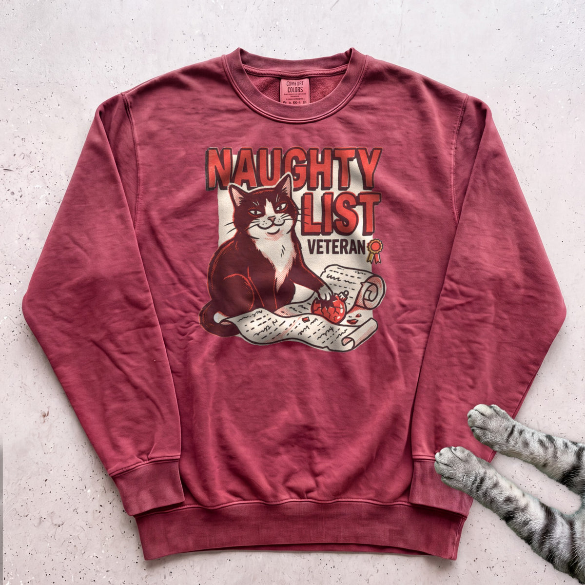 Naughty List Veteran Cat Sweatshirt - Crimson