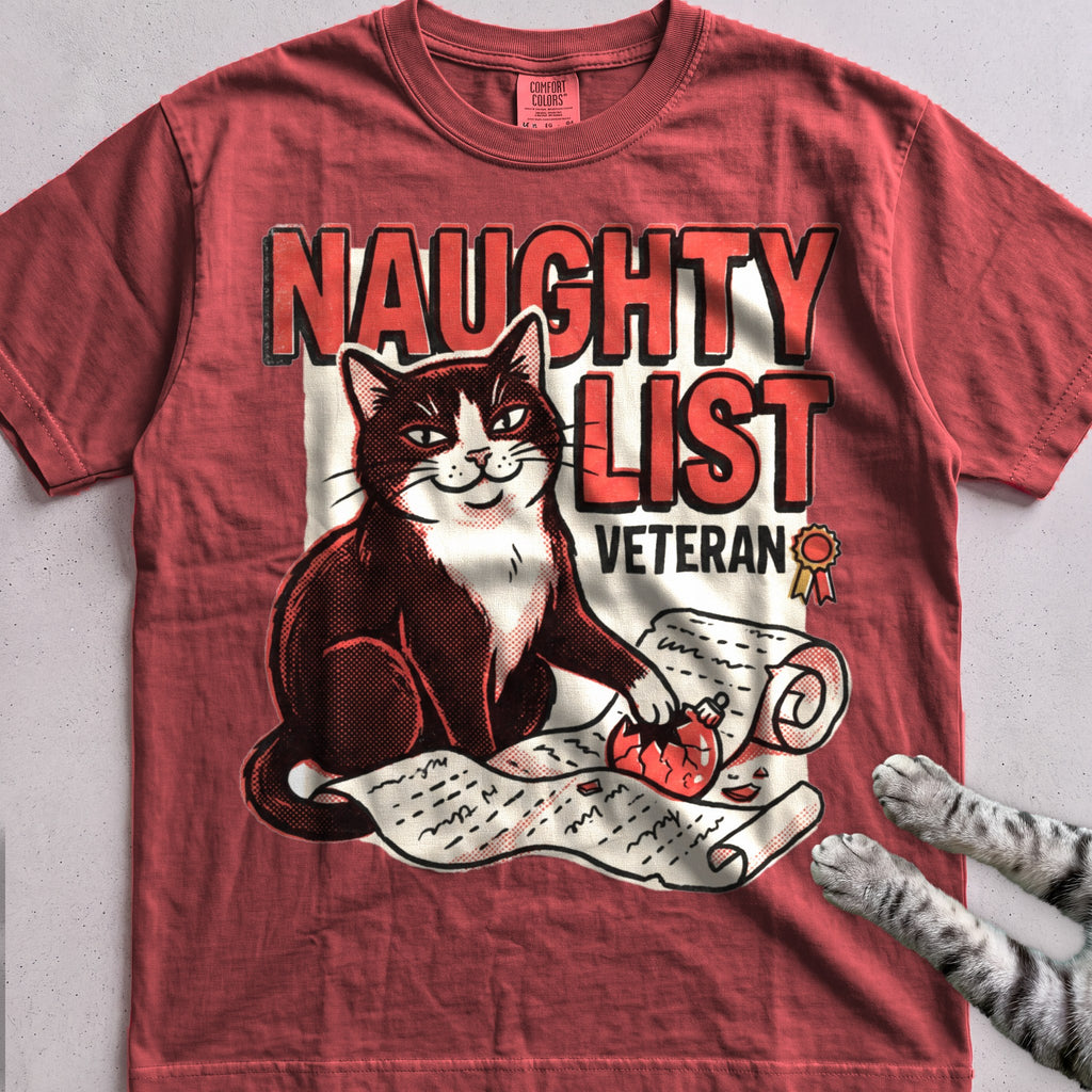 Naughty List Veteran Cat T-Shirt - Crimson