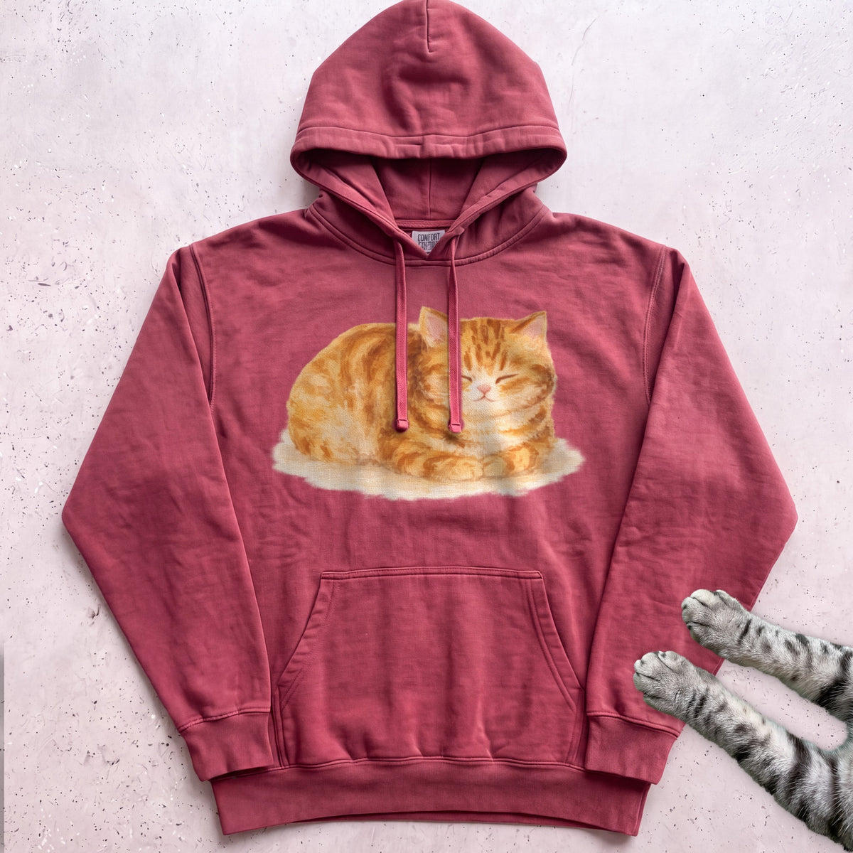 Orange Loafing Cat Hoodie - Crimson