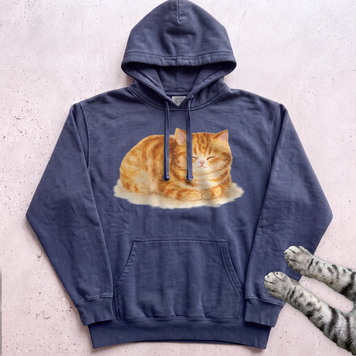 Orange Loafing Cat Hoodie - True Navy