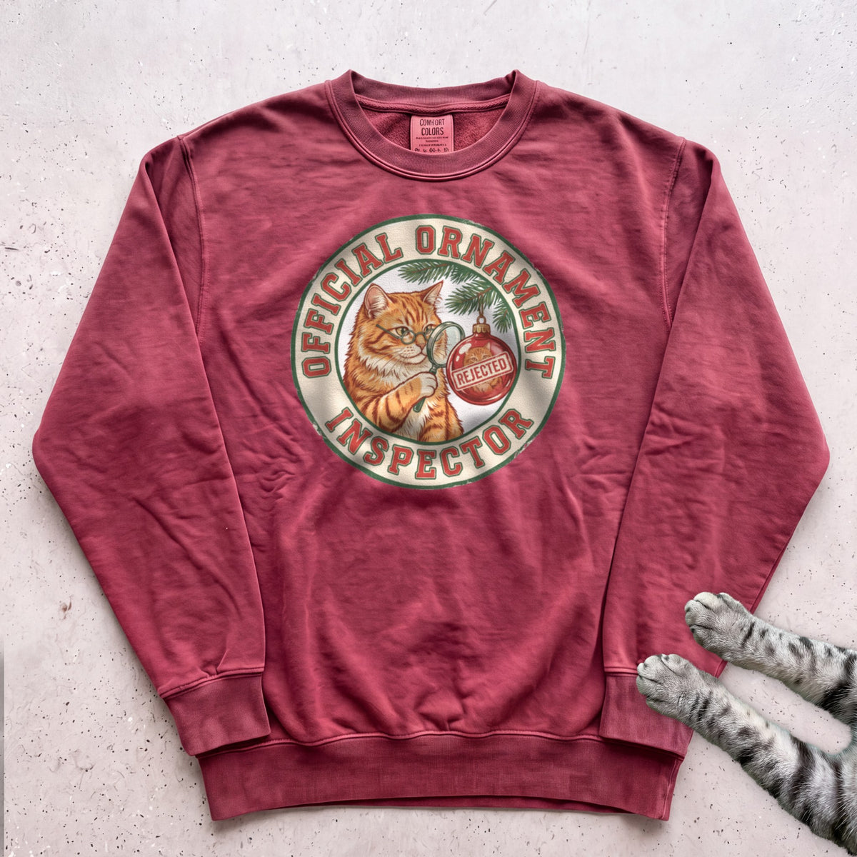 Ornament Inspector Cat Sweatshirt - Crimson