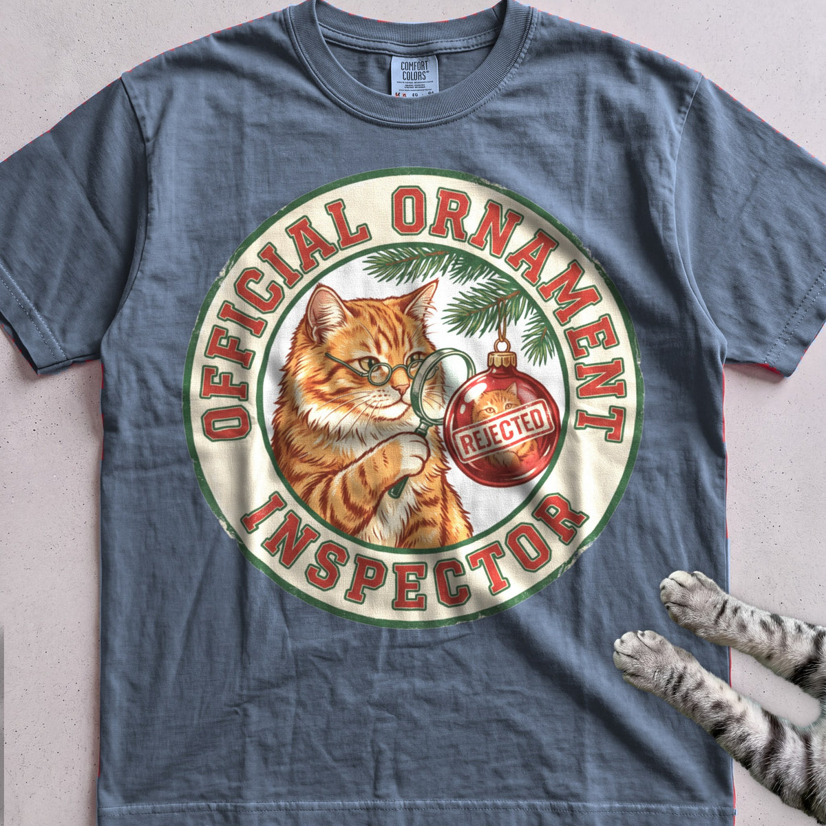 Ornament Inspector Cat T-Shirt - Blue Jean