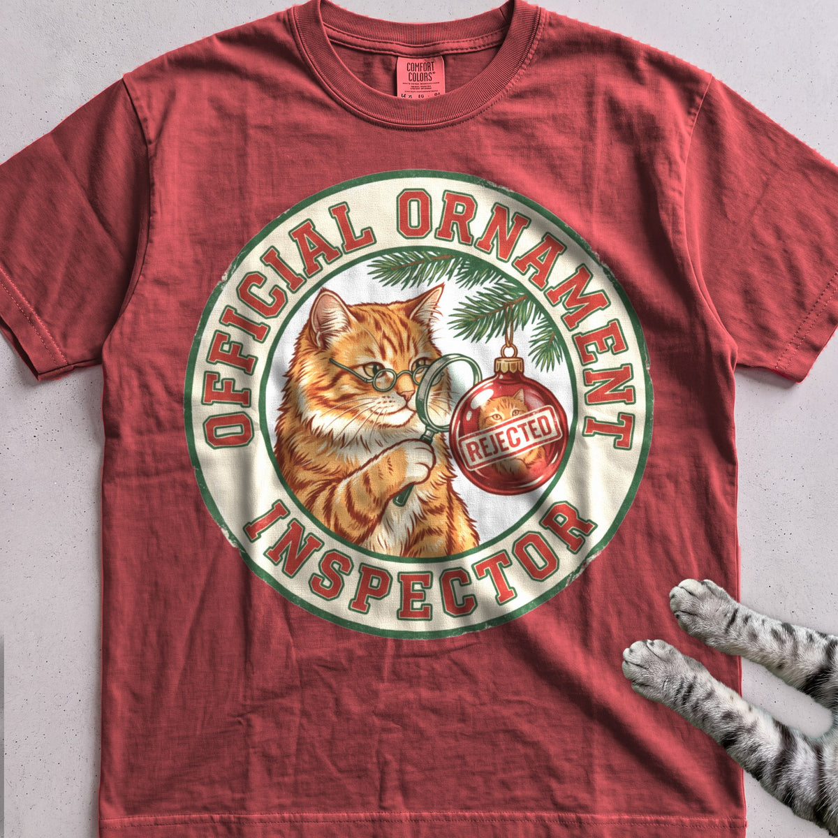 Ornament Inspector Cat T-Shirt - Crimson