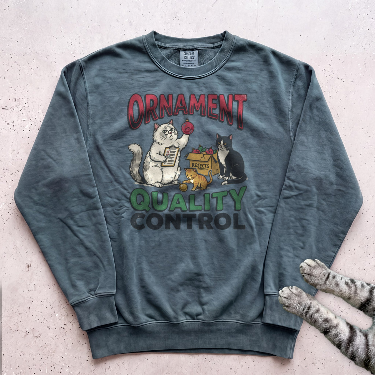 Ornament Quality Control Cat Sweatshirt - Blue Spruce