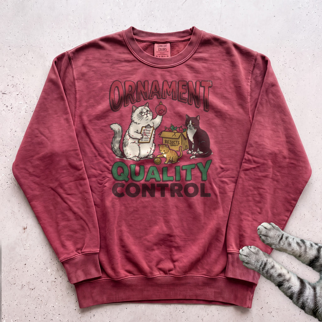 Ornament Quality Control Cat Sweatshirt - Crimson