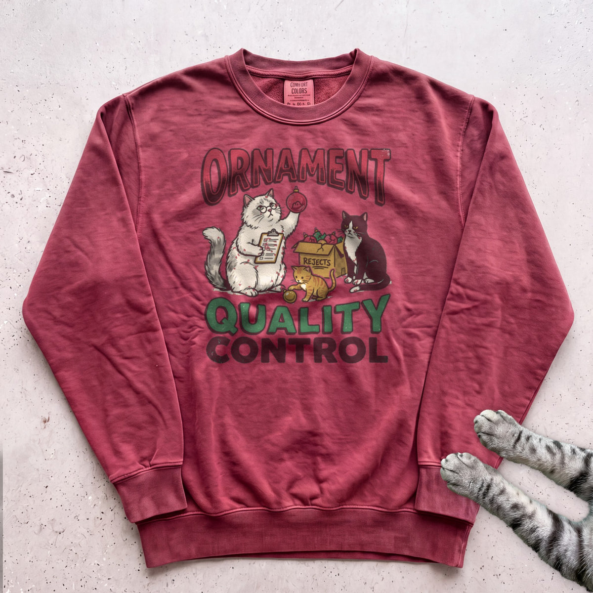 Ornament Quality Control Cat Sweatshirt - Crimson
