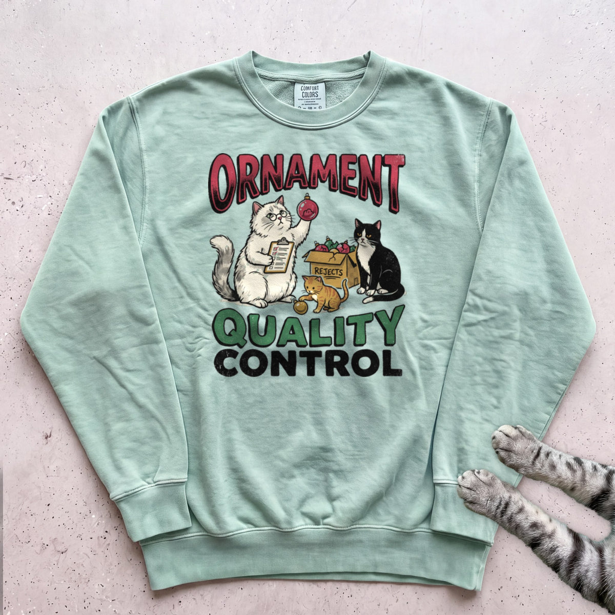Ornament Quality Control Cat Sweatshirt - Light Green