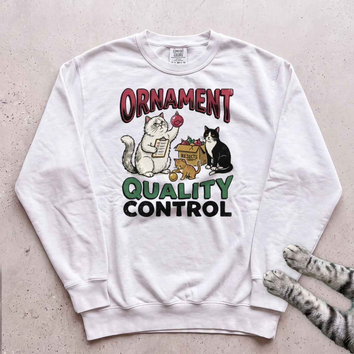 Ornament Quality Control Cat Sweatshirt - White