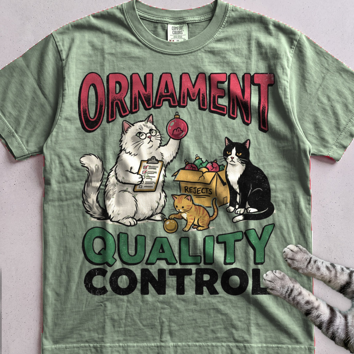 Ornament Quality Control Cat T-Shirt - Light Green
