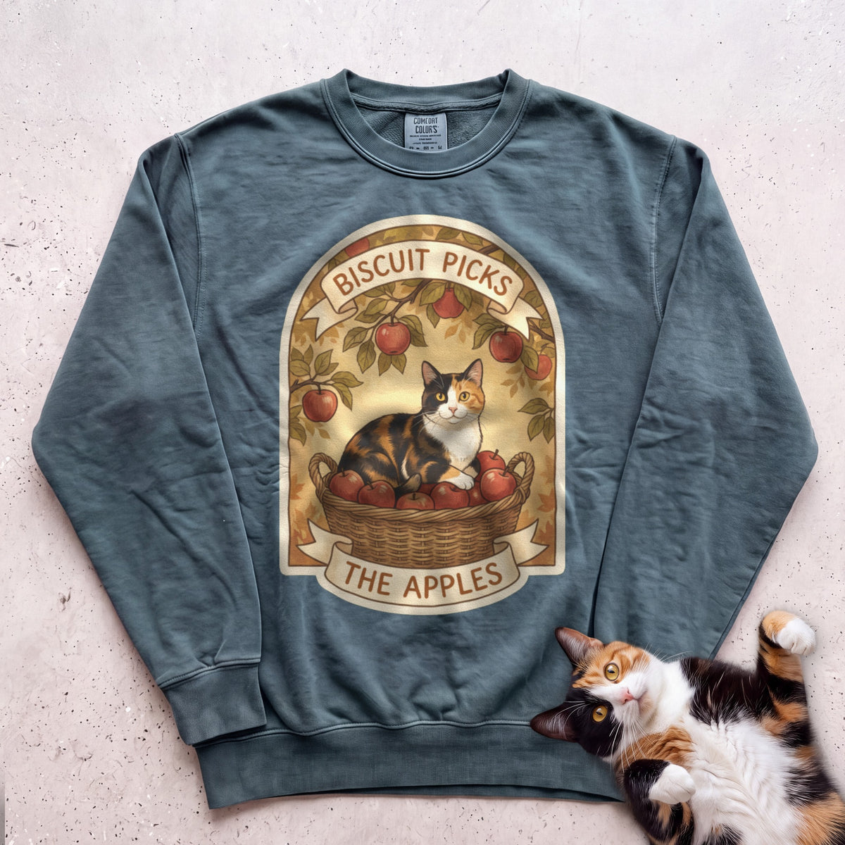Personalized Apple Picking Cat Sweatshirt - Blue Spruce