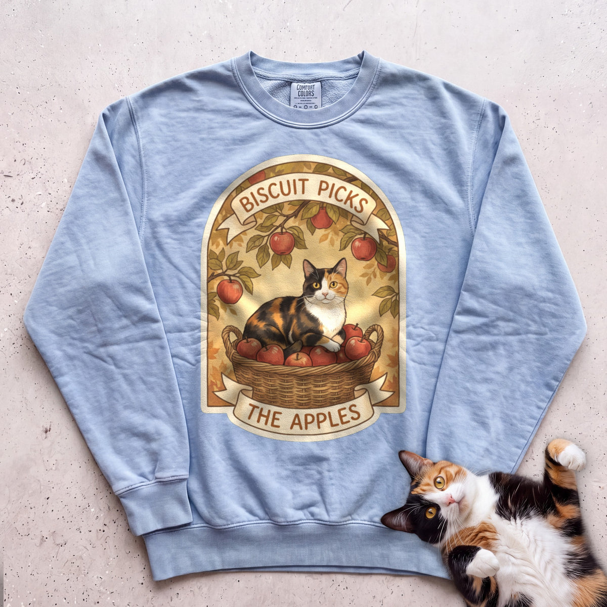 Personalized Apple Picking Cat Sweatshirt - Chambray