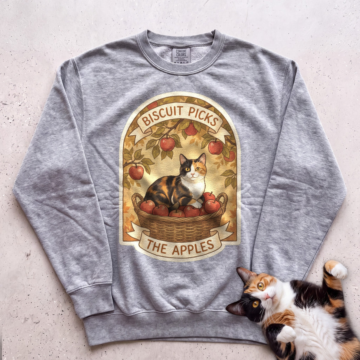 Personalized Apple Picking Cat Sweatshirt - Grey