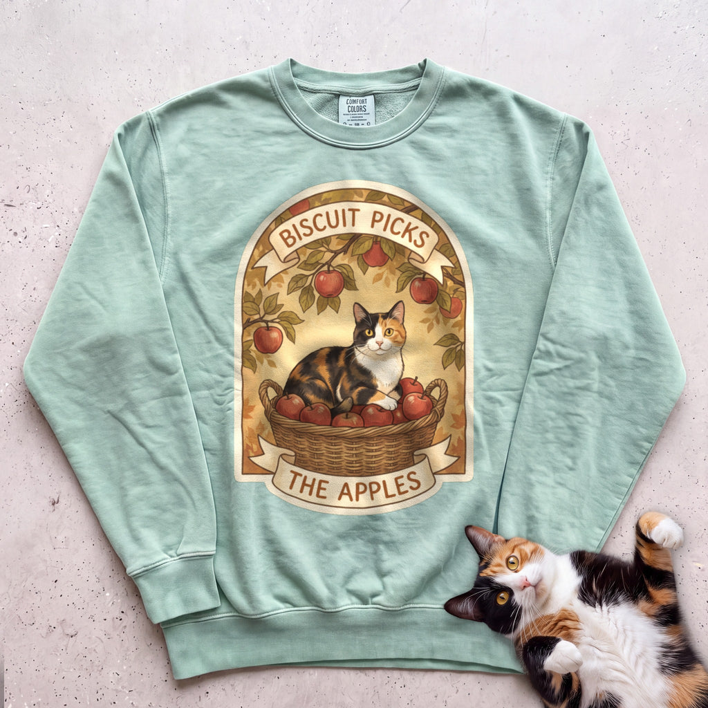 Personalized Apple Picking Cat Sweatshirt - Light Green