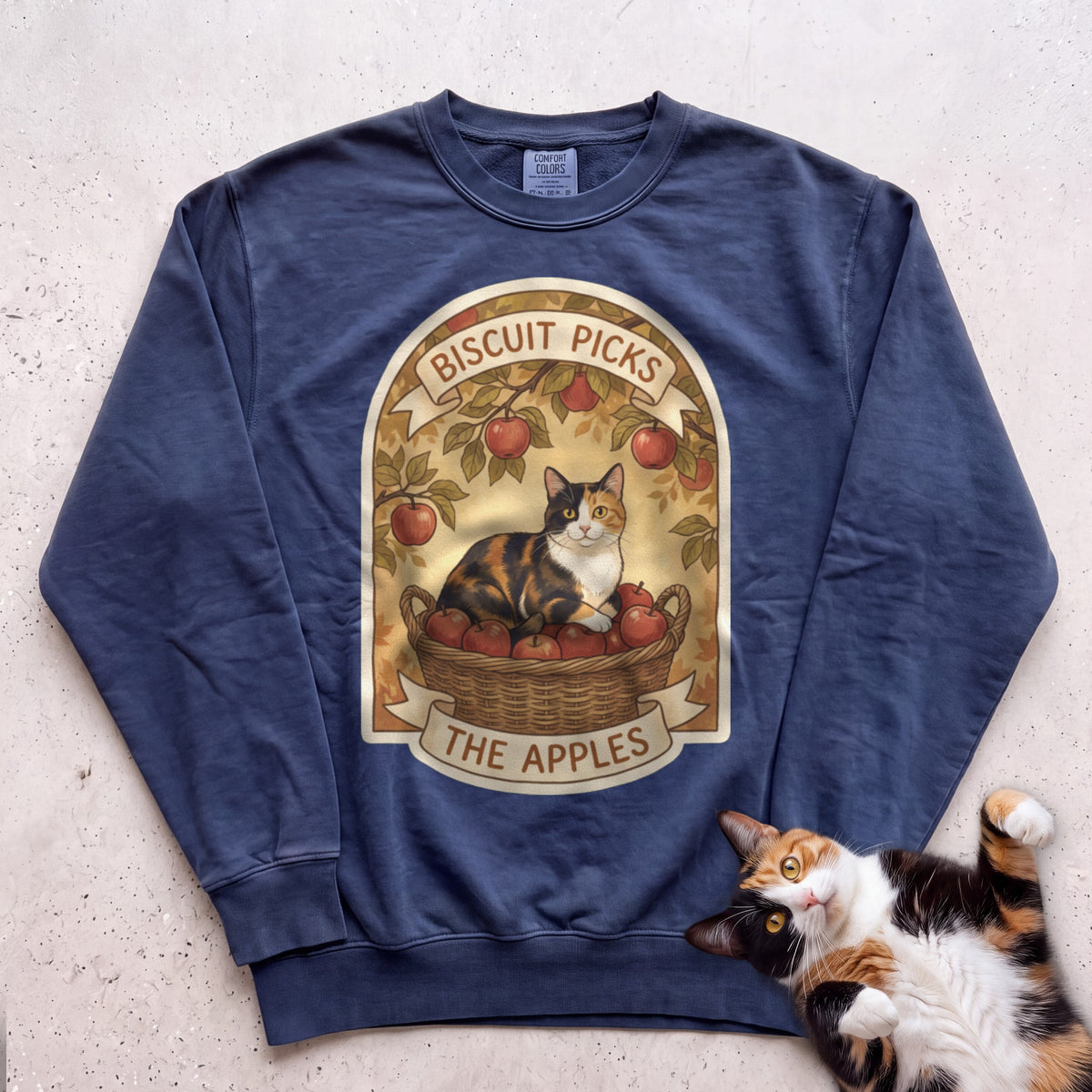 Personalized Apple Picking Cat Sweatshirt - True Navy