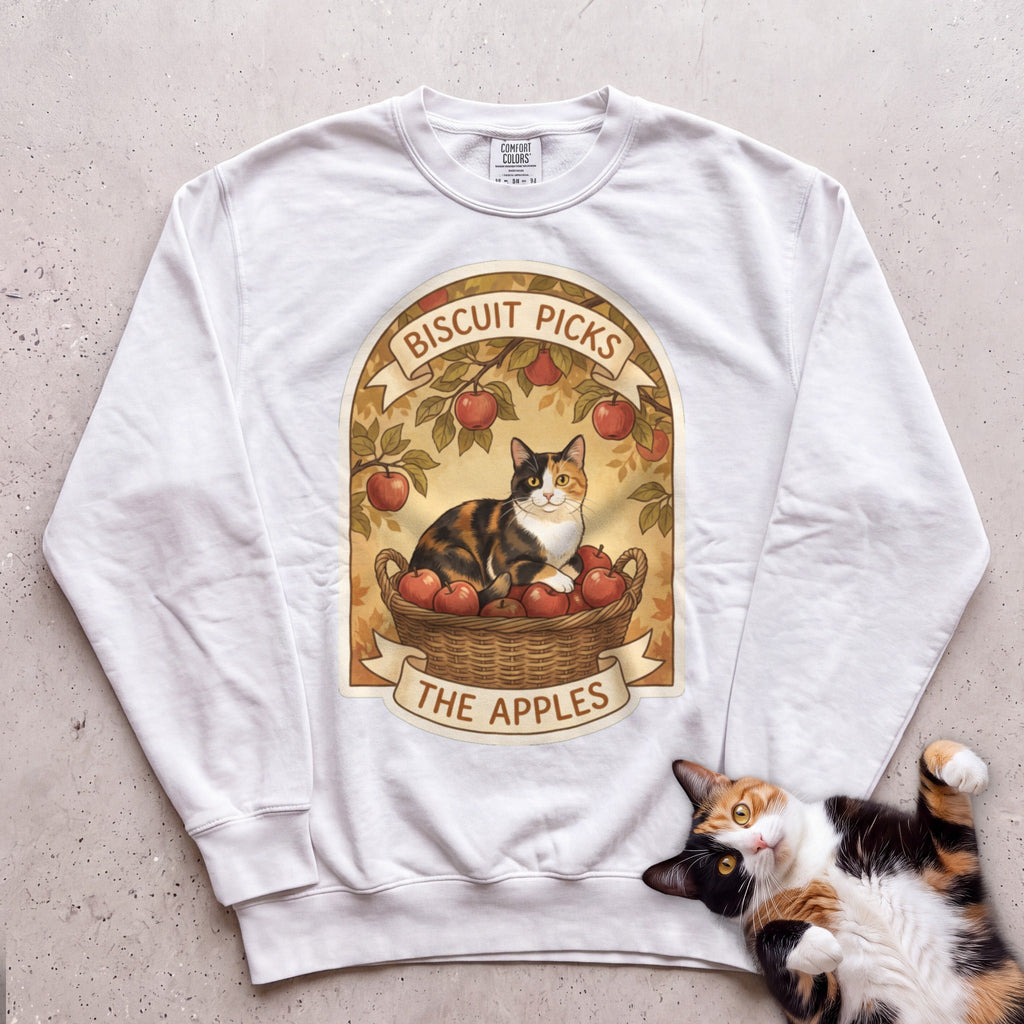 Personalized Apple Picking Cat Sweatshirt - White