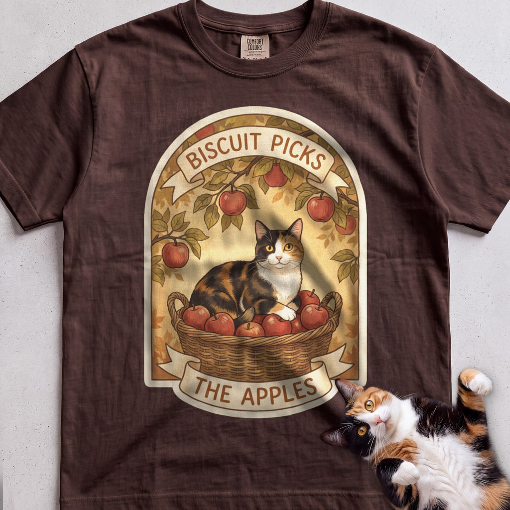 Personalized Apple Picking Cat T-Shirt - Espresso