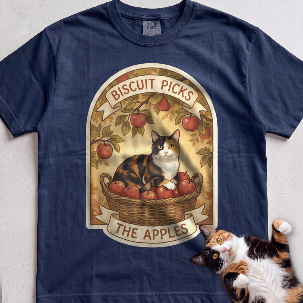 Personalized Apple Picking Cat T-Shirt - True Navy
