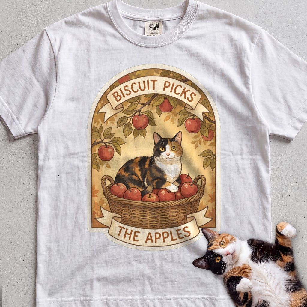 Personalized Apple Picking Cat T-Shirt - White