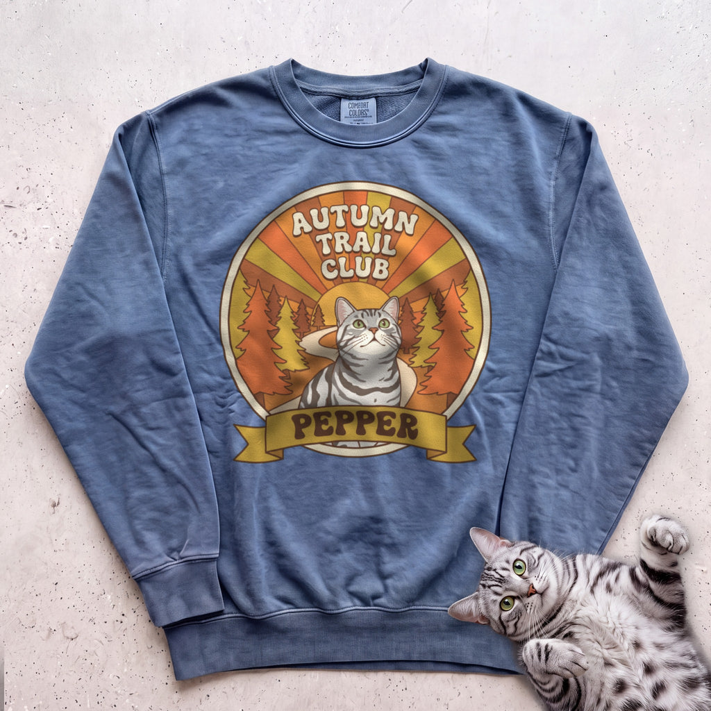 Personalized Autumn Trail Club Cat Sweatshirt - Blue Jean