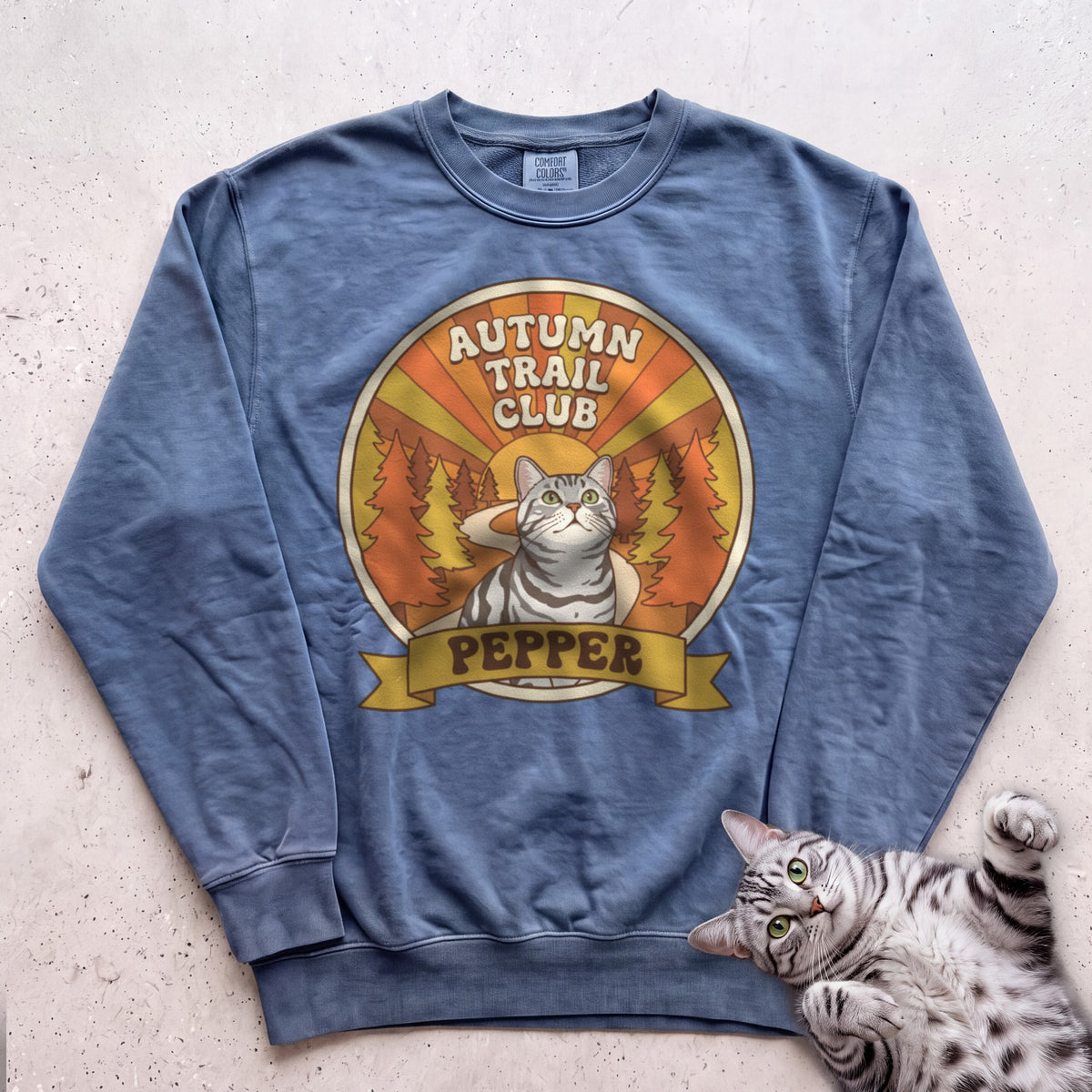 Personalized Autumn Trail Club Cat Sweatshirt - Blue Jean