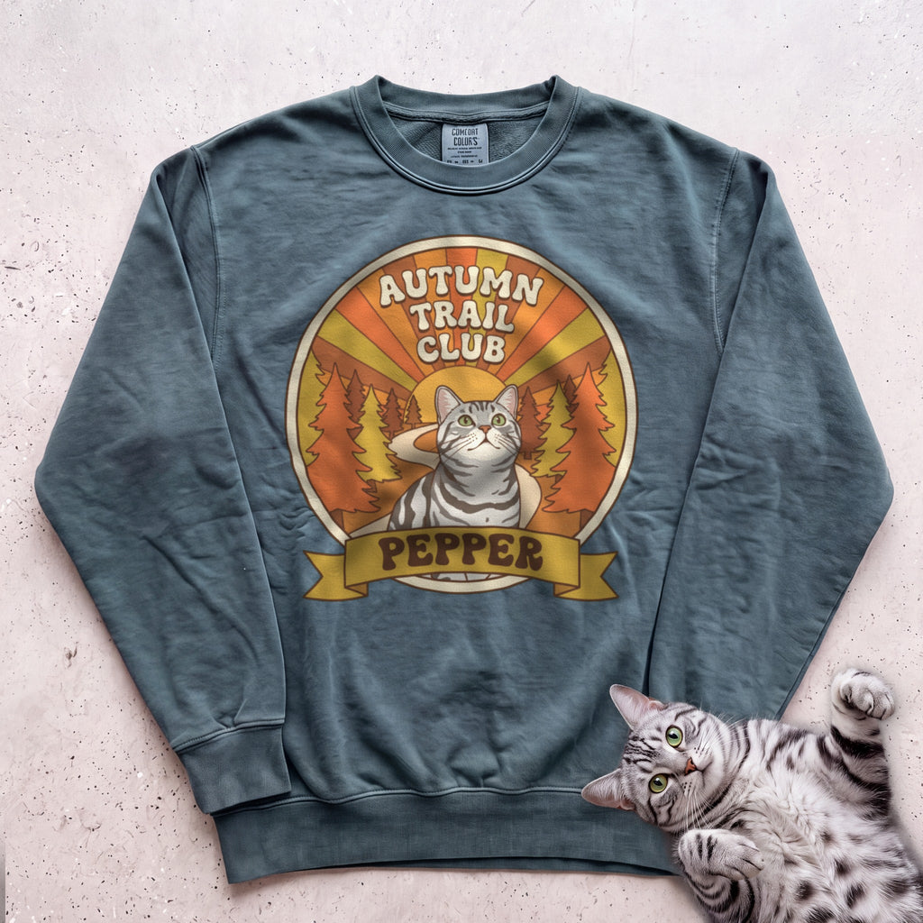 Personalized Autumn Trail Club Cat Sweatshirt - Blue Spruce