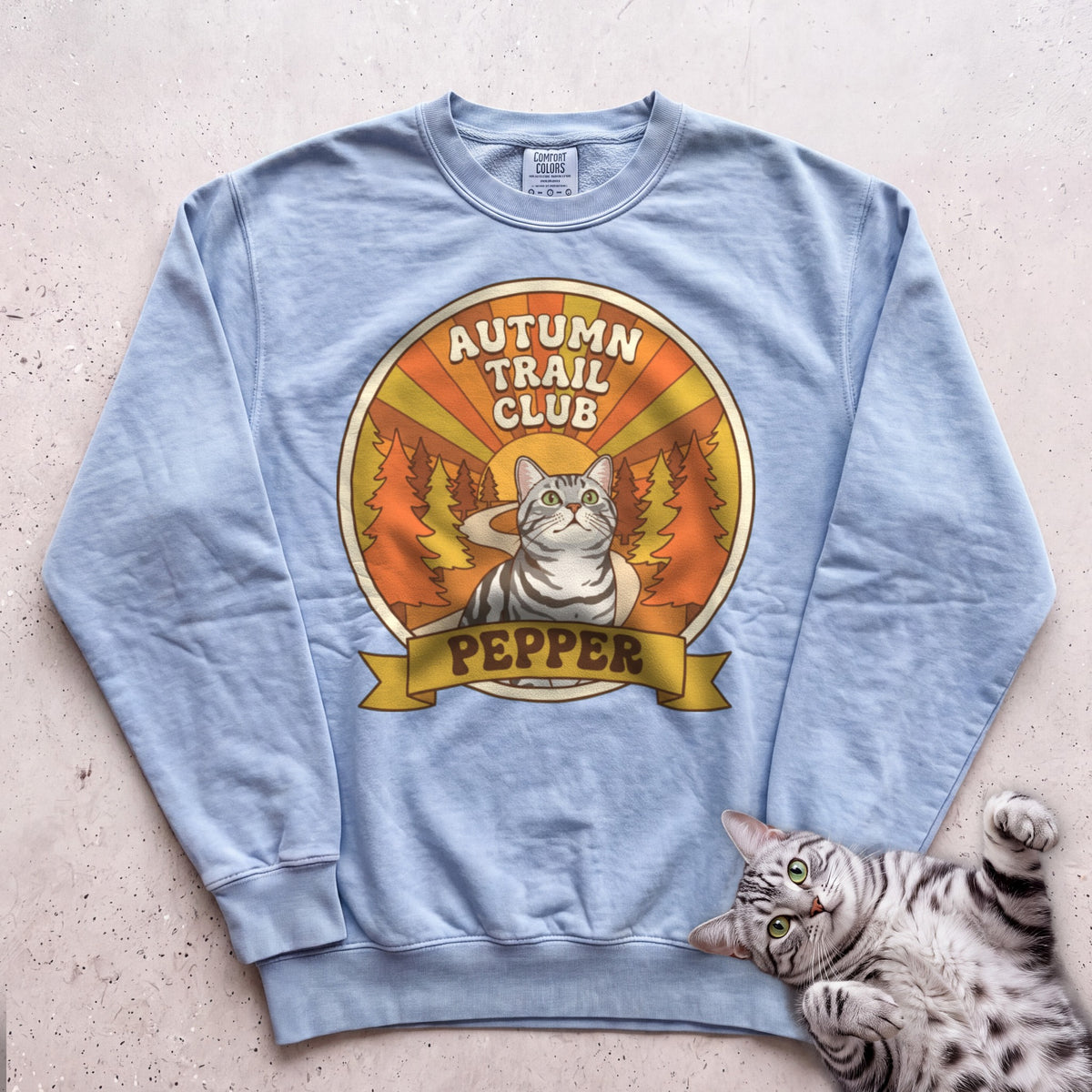 Personalized Autumn Trail Club Cat Sweatshirt - Chambray