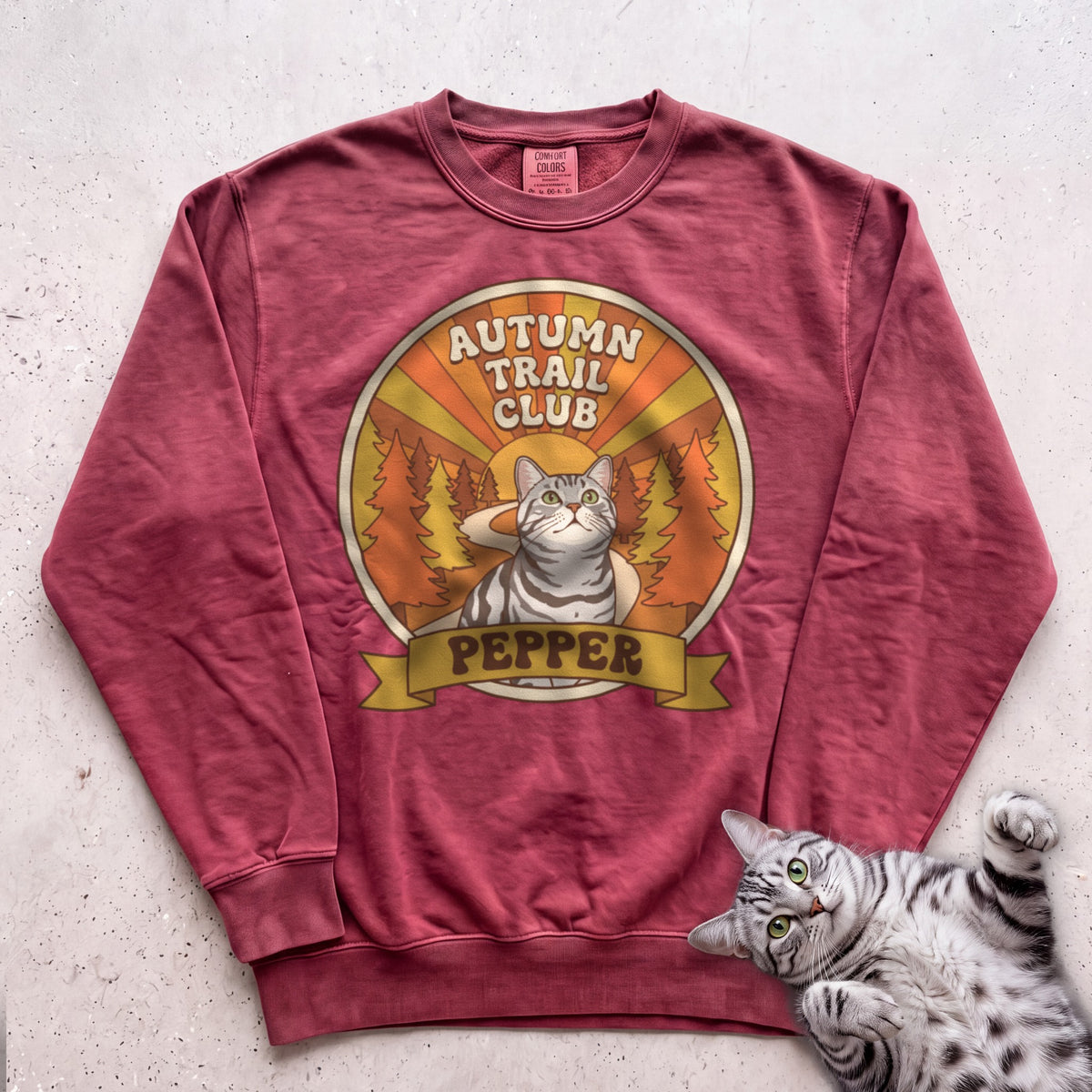 Personalized Autumn Trail Club Cat Sweatshirt - Crimson