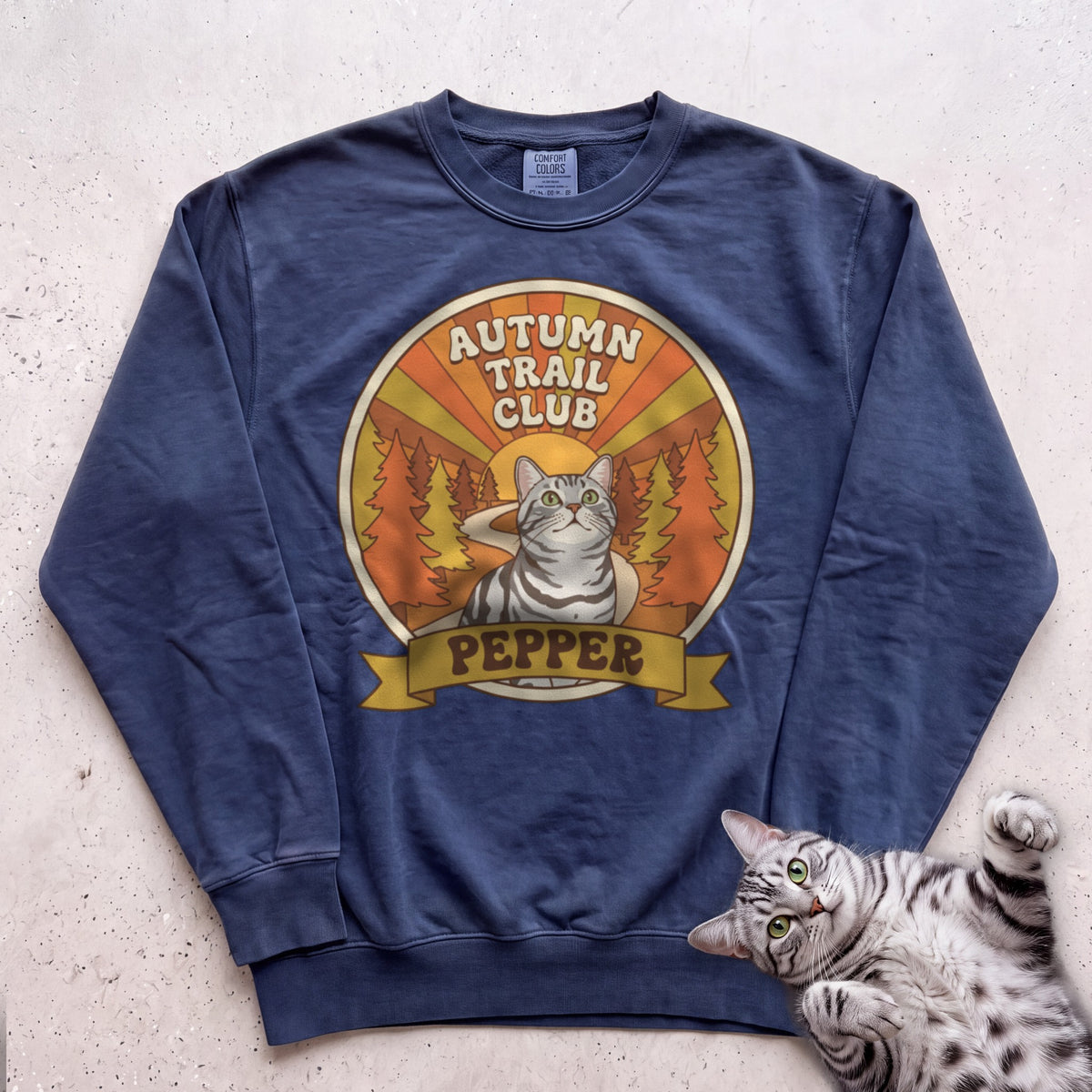 Personalized Autumn Trail Club Cat Sweatshirt - True Navy