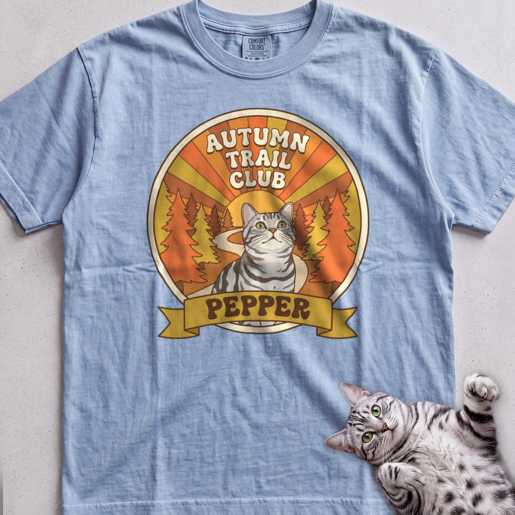 Personalized Autumn Trail Club Cat T-Shirt - Chambray